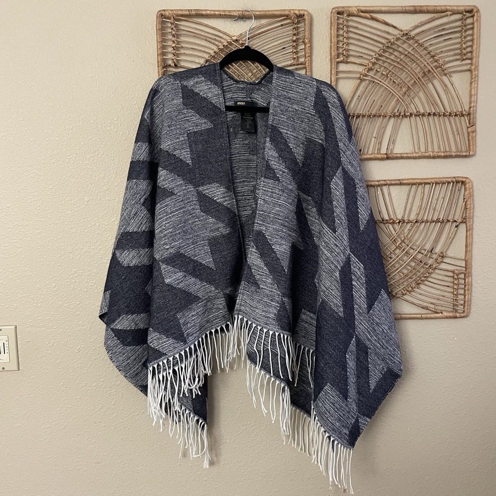 Maje Ermine Houndstooth Poncho Shawl Cape Blue Wool Blend Fringe OS B5
